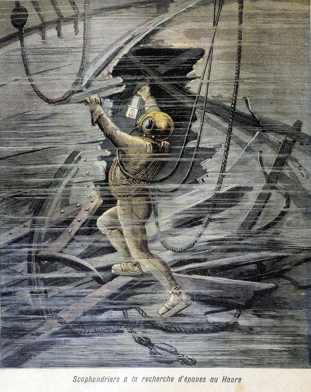 Scaphandrier leder efter vrag i Le Havre. illustration af "Petity Journal"" fra 1892. af Unknown artist