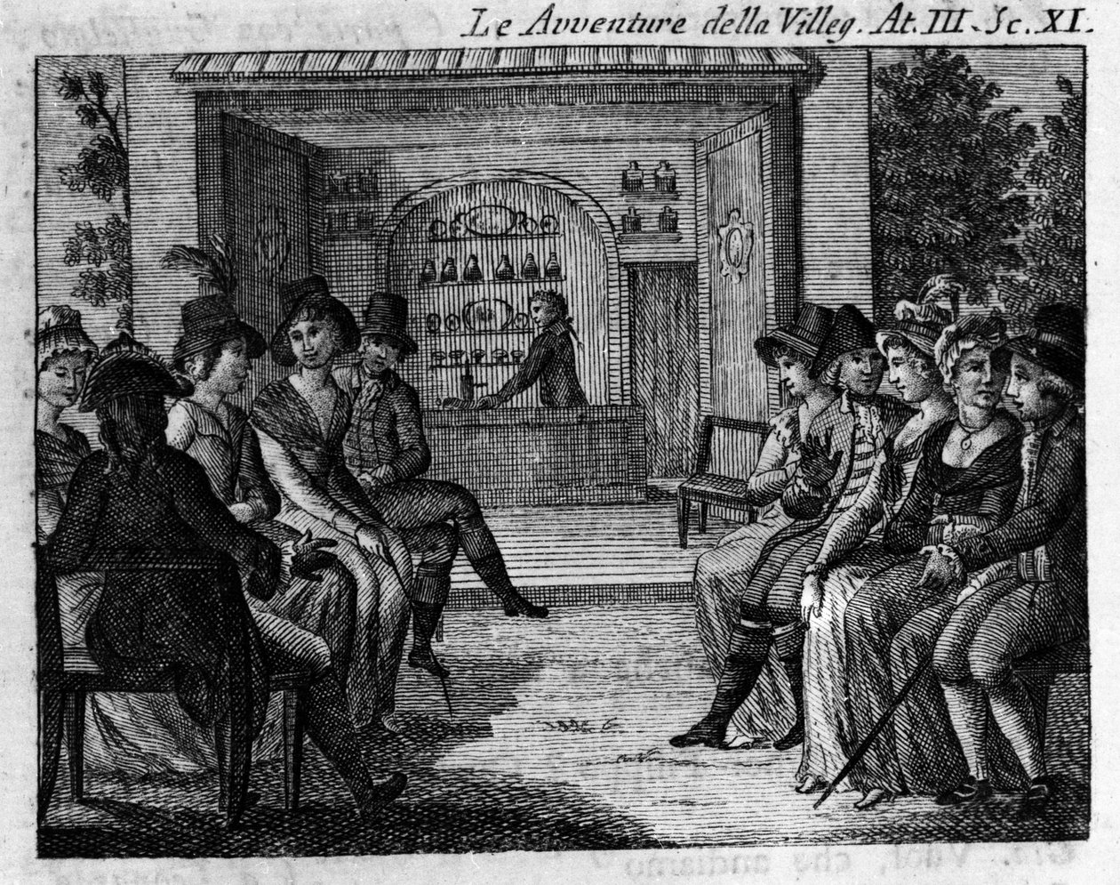 Scene 11 i akt III af tegneserien "" The avventure della villeggiatura"" (Byens eventyr) (1756) af Carlo Goldoni (1707-1793). Indgravering af det 18. århundrede af Unknown artist