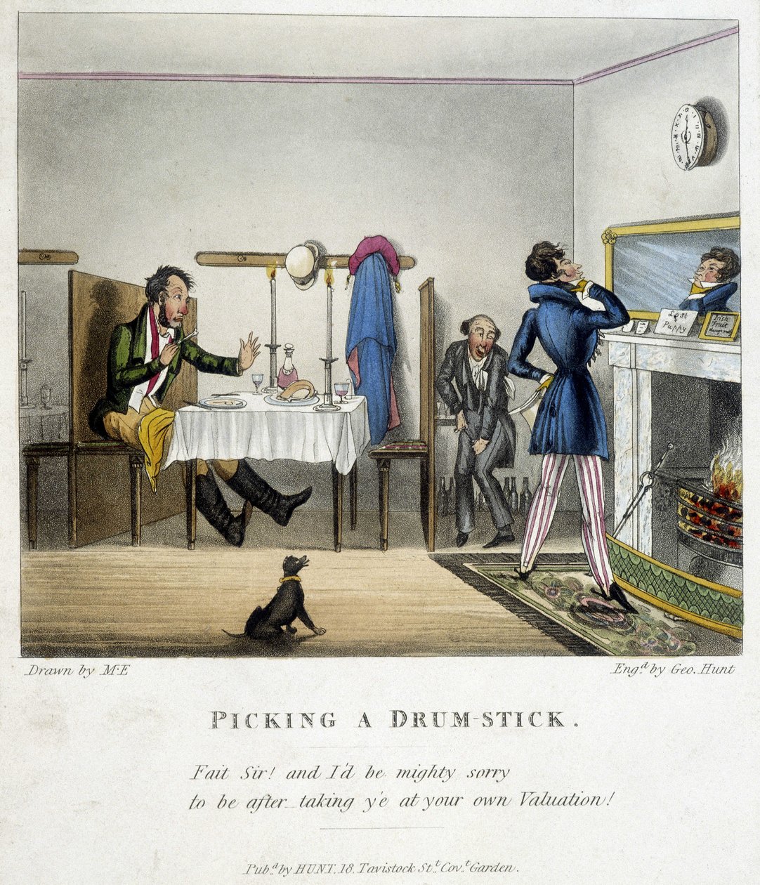 Scene, der forestiller tre mænd i en engelsk restaurant. En af dem (den siddende mand), fuld, undskylder ironisk over for manden, der ser sig selv i spejlet for at have stjålet hans andel af kylling. Illustration af M. E. i slutningen af 1800-tallet. af Unknown artist