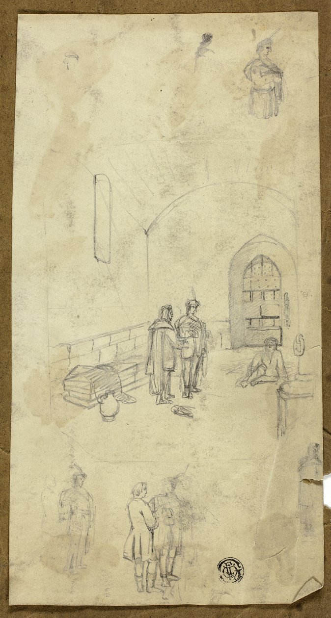 Scene i fængselscelle med skitser af andre figurer af Unknown artist