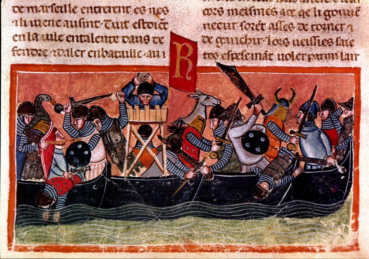 Scene af søslag Miniature fra en fransk kodeks på pergament "Fakta om romerne"", der fortæller den antikke historie op til Jules Cesar (101 f.Kr.-44 f.Kr.). Venedig fra det 13. århundrede, biblioteca Marciana af Unknown artist