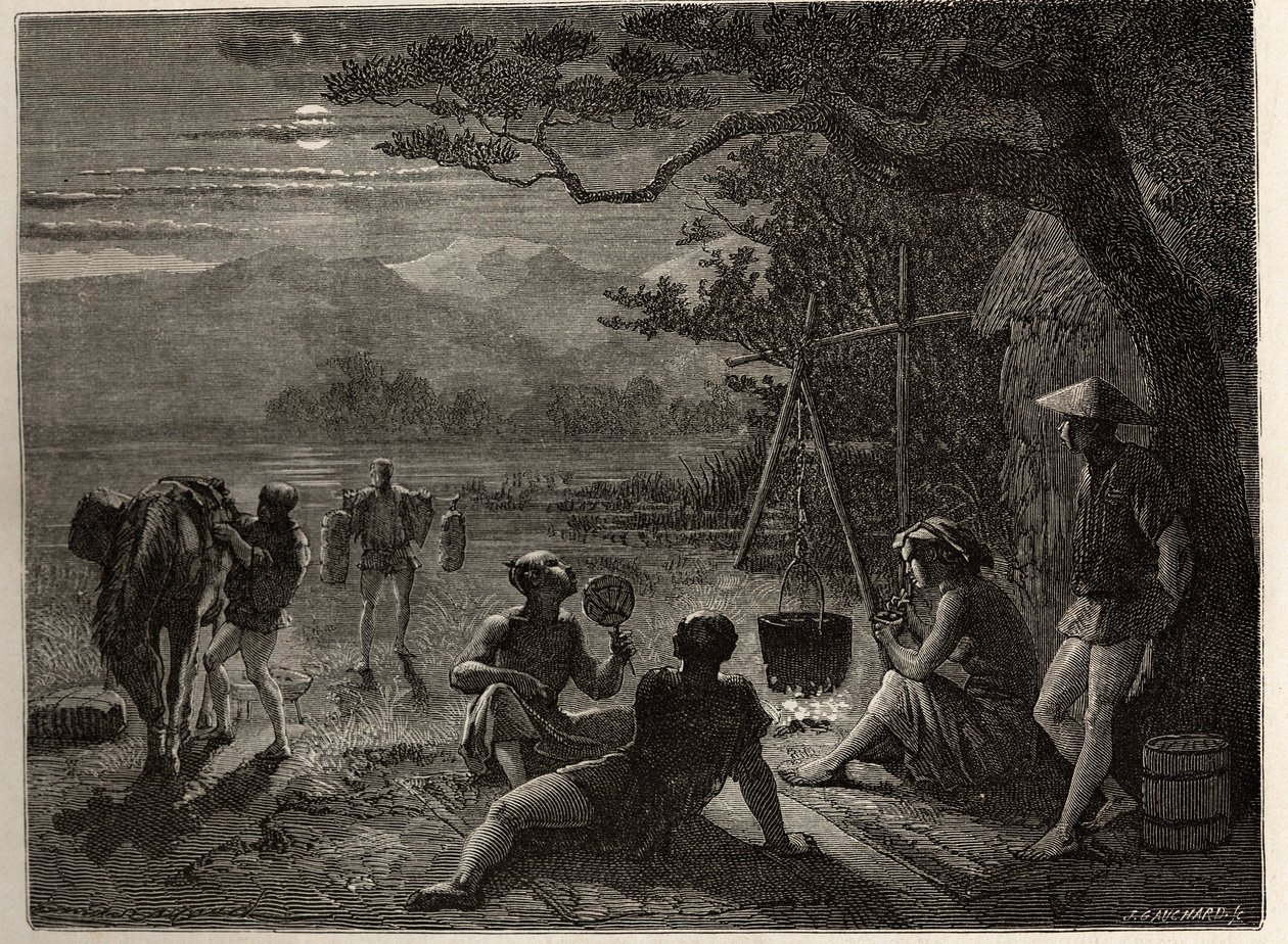 Scene i resten af landet, i måneskin, er måtter rejst på jorden efter arbejdsdagen. Indgravering til illustration af rejsen til Japan i 1863-1864 af Aime Humbert, minister for Det Schweiziske Forbund, i "Le tour du monde, nouveau journal des af Unknown artist