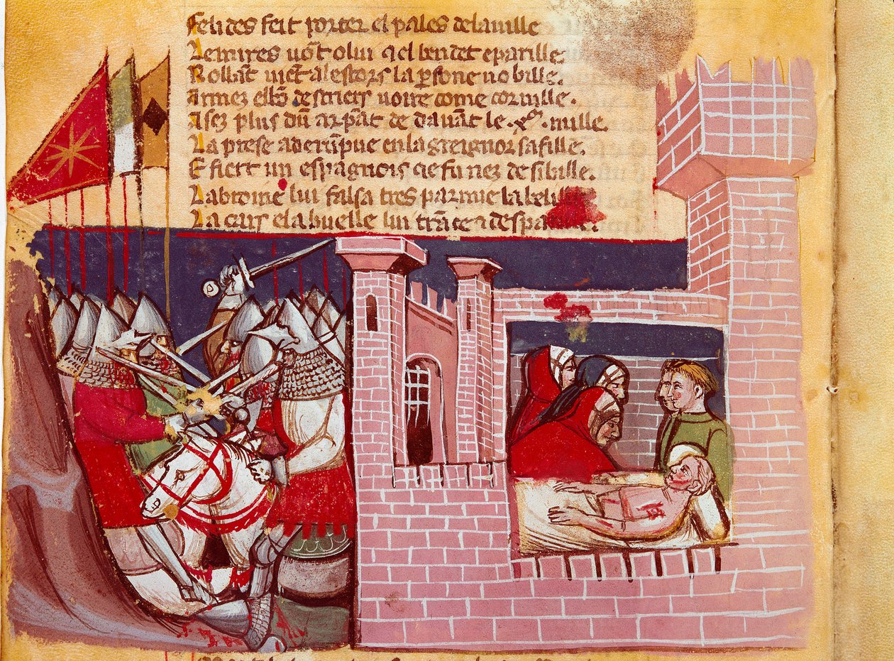 Scene fra slaget ved Roncesvaux i 778. Slaget mellem Charlemagnes hær og saracenerne, hvor ridderen Roland blev dræbt. Han er en repræsentant til højre. Miniature fra codex "The Entrée d