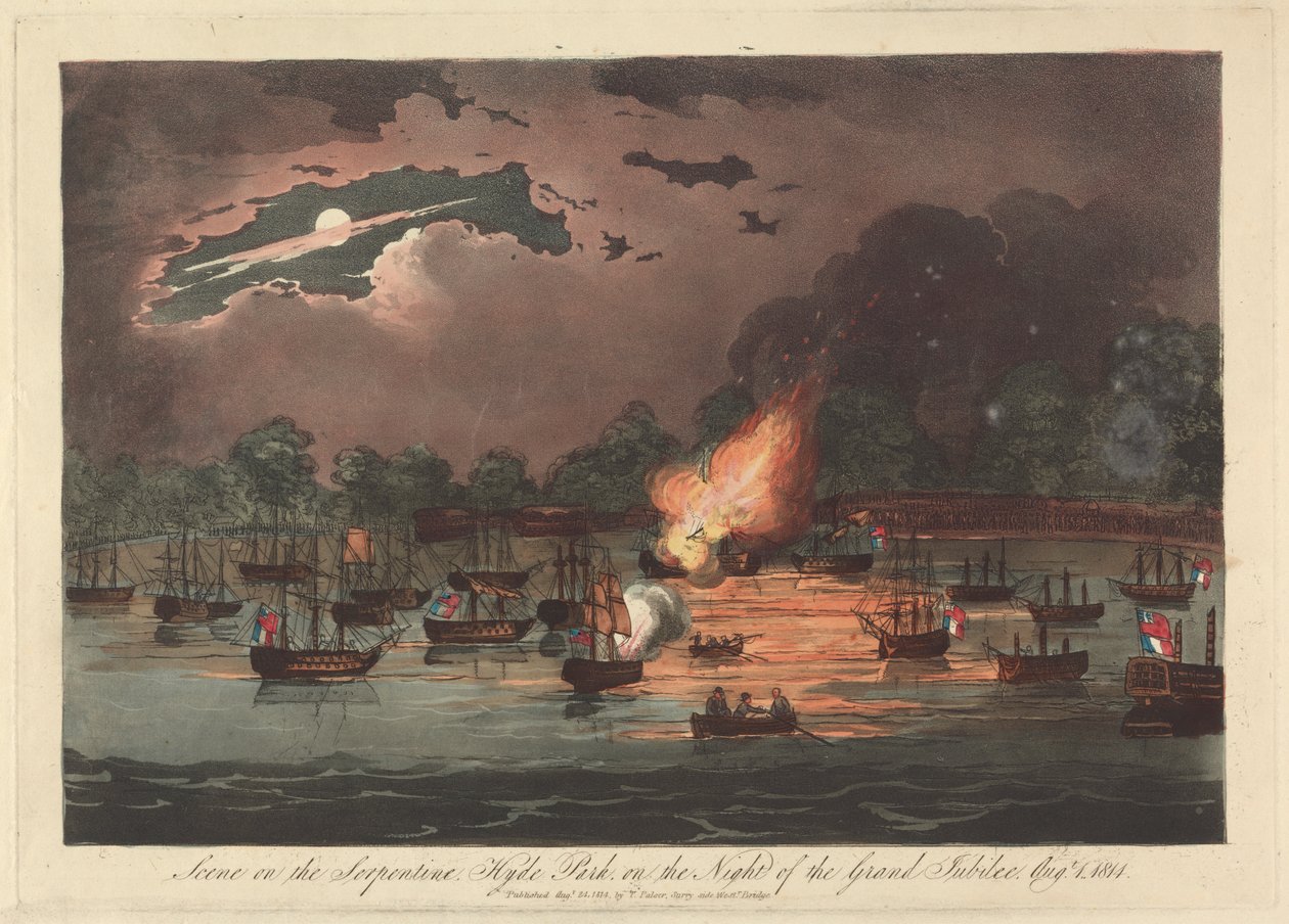 Scene på Serpentine, Hyde Park på The Night of the Grand Jubilee, 1. august 1814 af Unknown artist