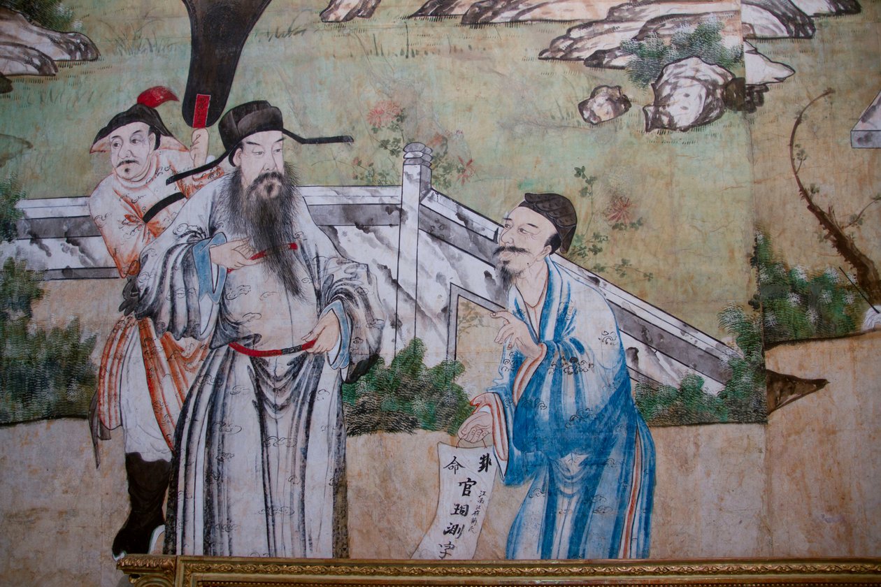Scener af hverdagslivet i Kina, detalje af kinesisk tapet, kinesisk skab, jagtbolig, af Filippo Juvarra (1678-1736), Stupinigi, Piemonte, Italien af Unknown artist