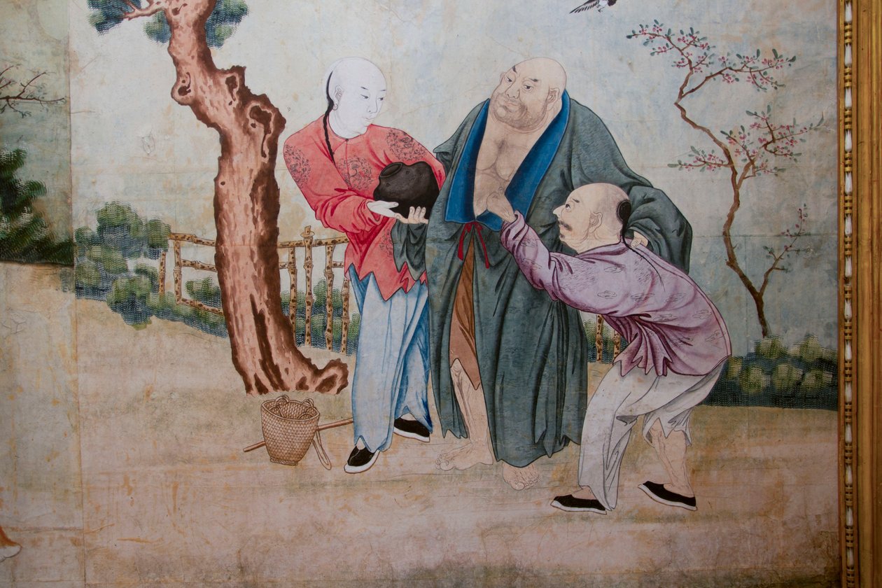 Scener fra hverdagen i Kina, detaljer af det kinesiske tapet, kinesisk kabinet, Jagtbolig, af Filippo Juvarra (1678-1736), Stupinigi, Piemonte, Italien af Unknown artist