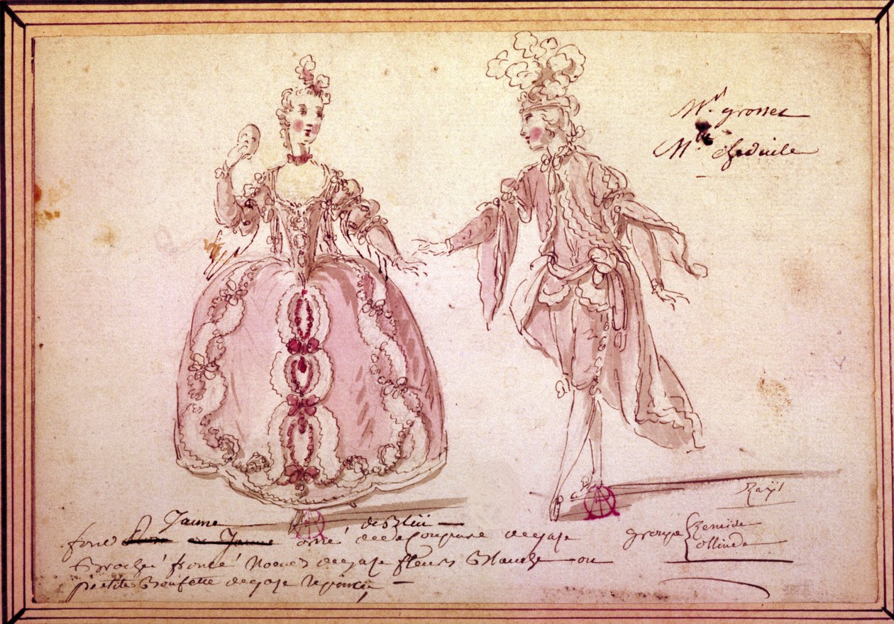 Scenografi: tegning af kostumer til det pastorale "" Nais" af Jean Philippe (Jean-Philippe) Rameau (1683-1764) 1764. Akvarel. af Unknown artist