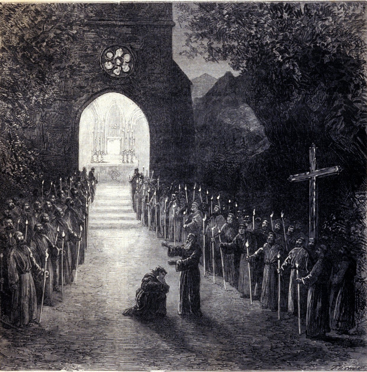 Scenografi til sidste scene i 2. akt til operaen "La forza del destino" (skæbnekraften) af den italienske komponist Giuseppe Verdi (1813-1901) til opførelsen i Paris Opera af Unknown artist