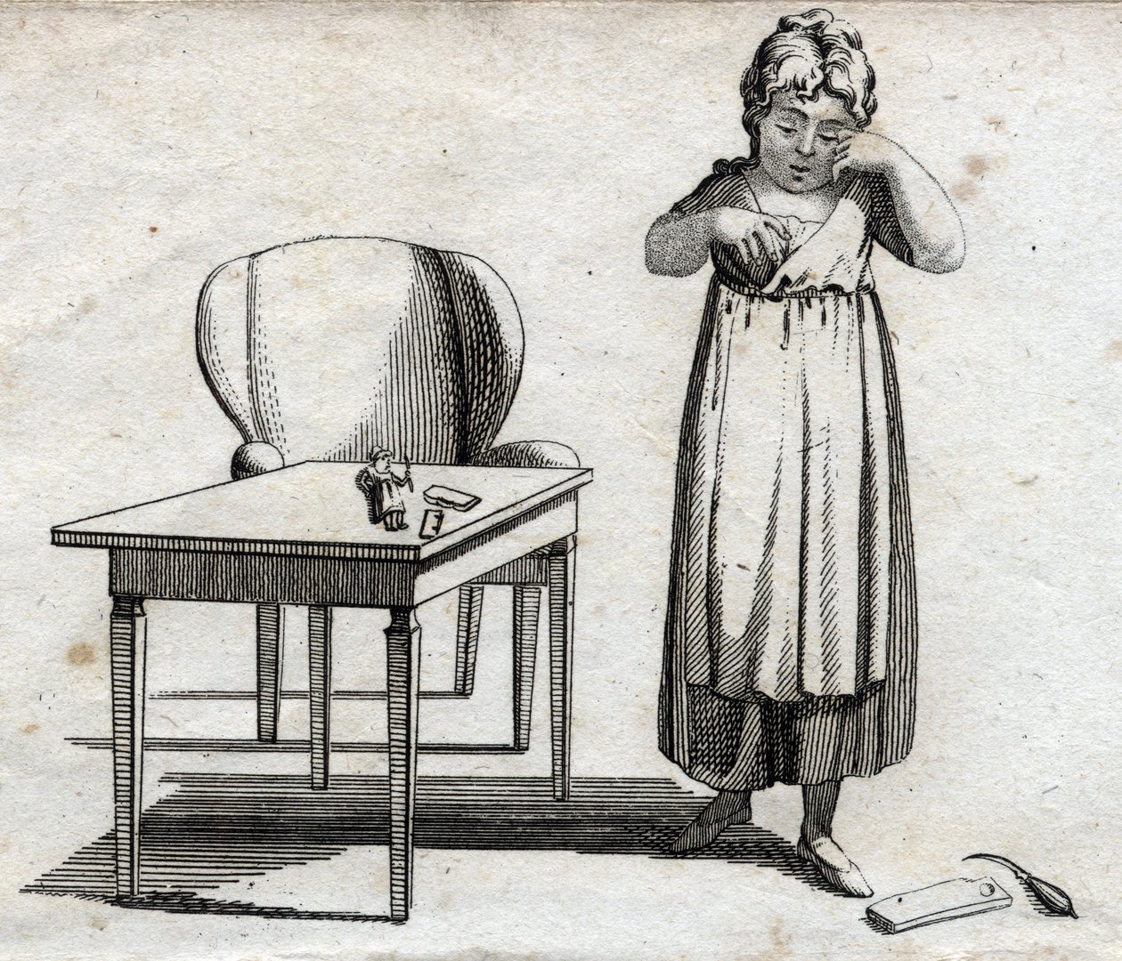 Skolepige søger at lave sit hjemmearbejde. Gravering sidst i 1700-tallet. Privat samling. af Unknown artist