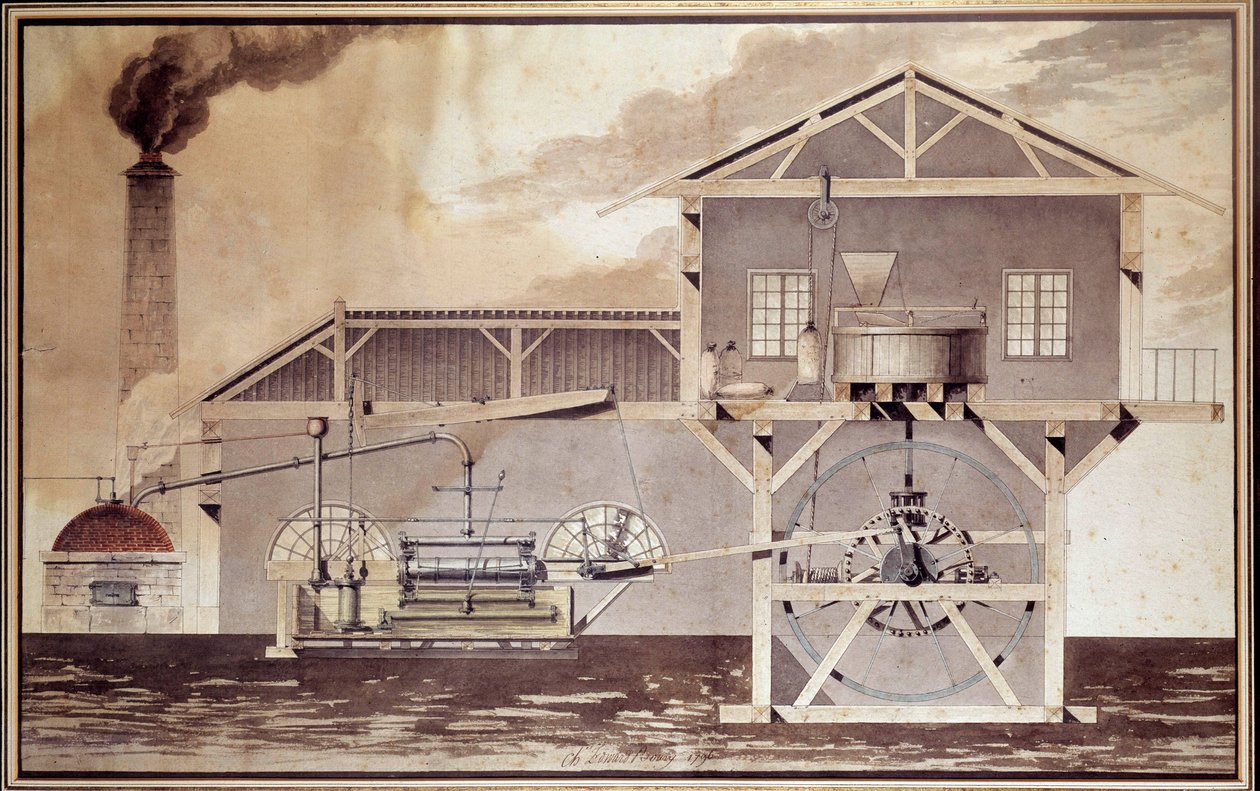Videnskab og teknologi: "" En dampmaskine, der skærer en melmølle"" Tegning af Edouard Bury. 1796. Paris, Conservatoire National des Arts et Metiers af Unknown artist