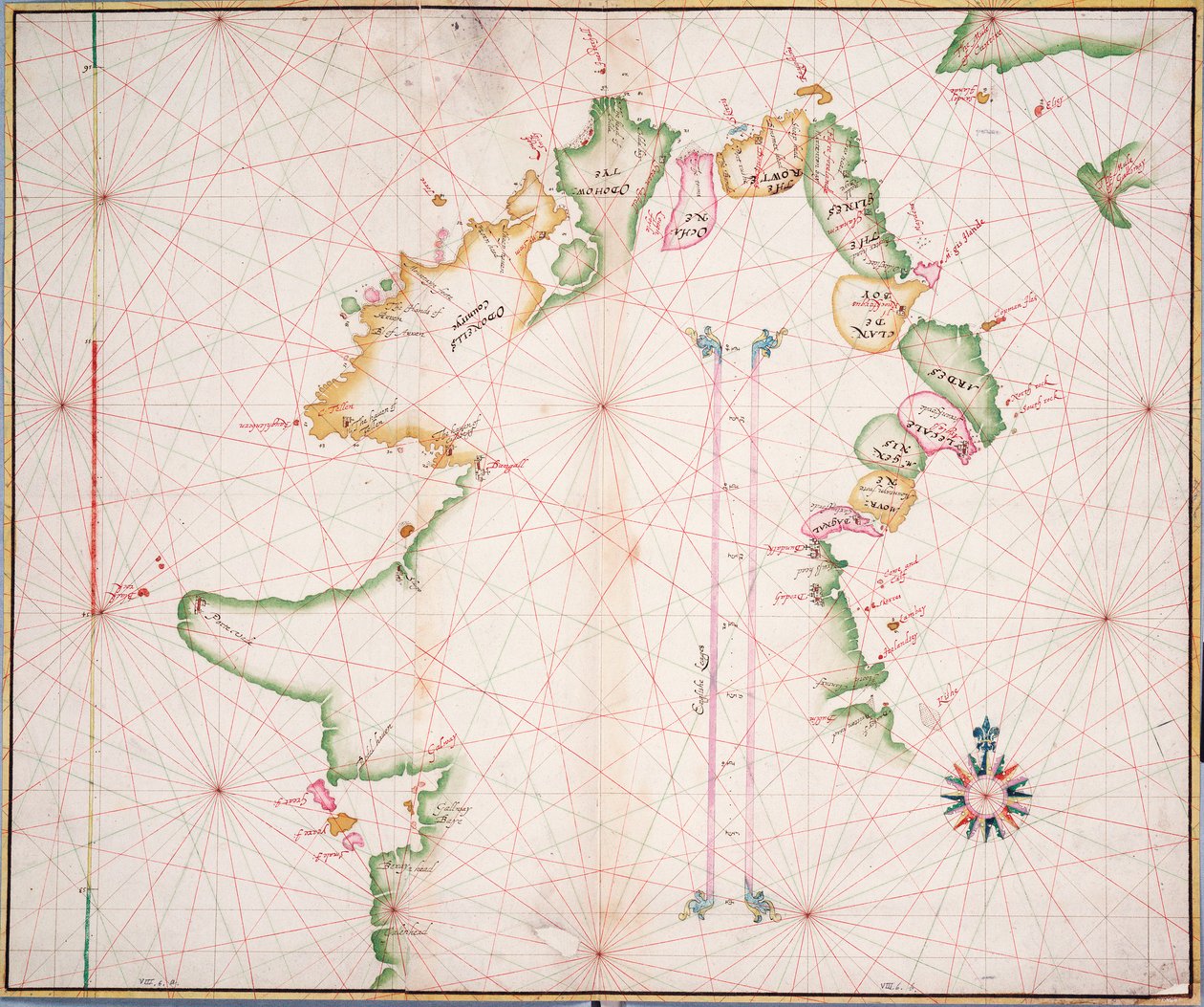 Søkort over Irlands nordkyst, ca. 1600 (papir, linned) af Unknown artist
