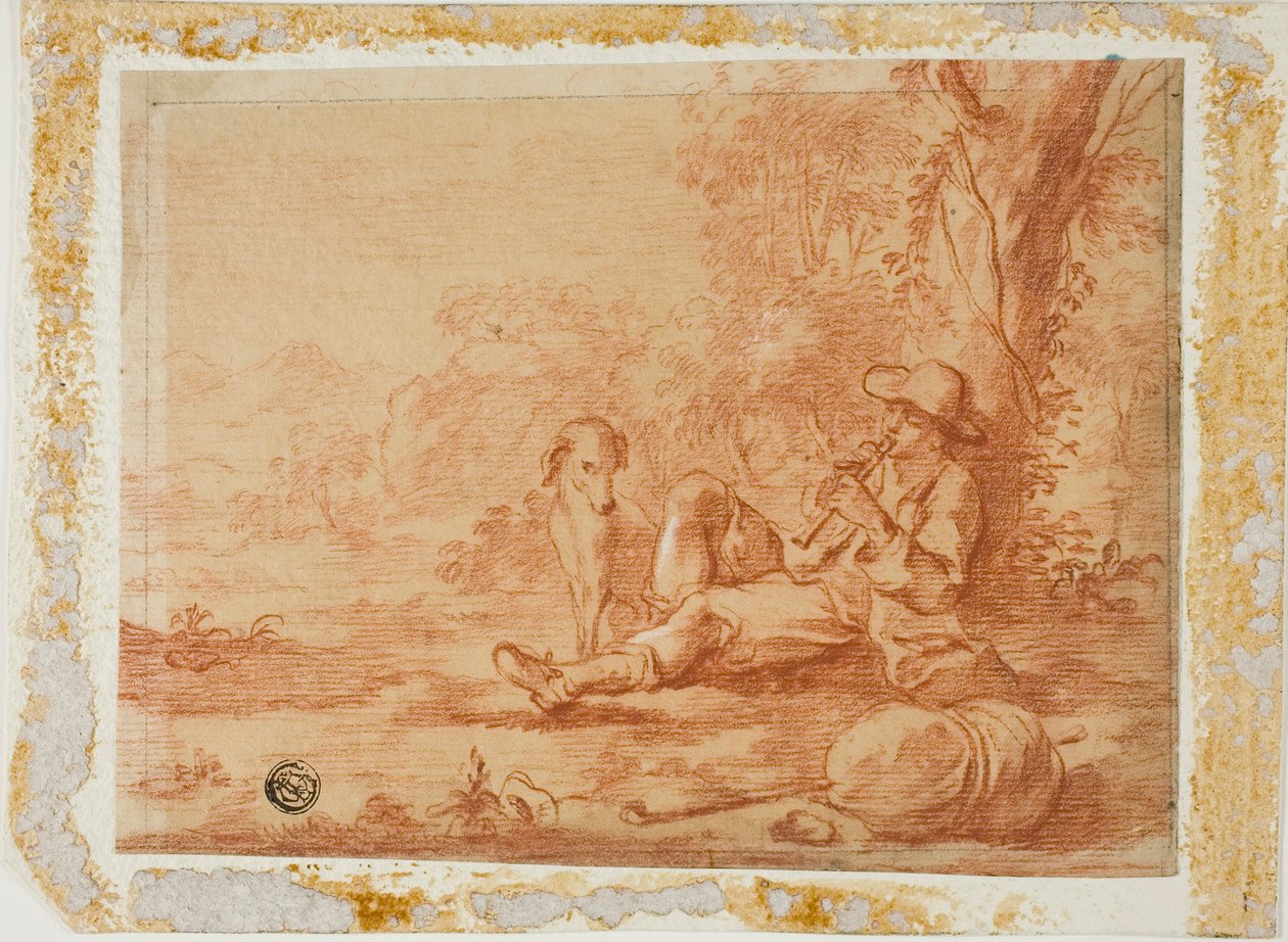 Siddende hyrde spiller på røret under et træ af Unknown artist