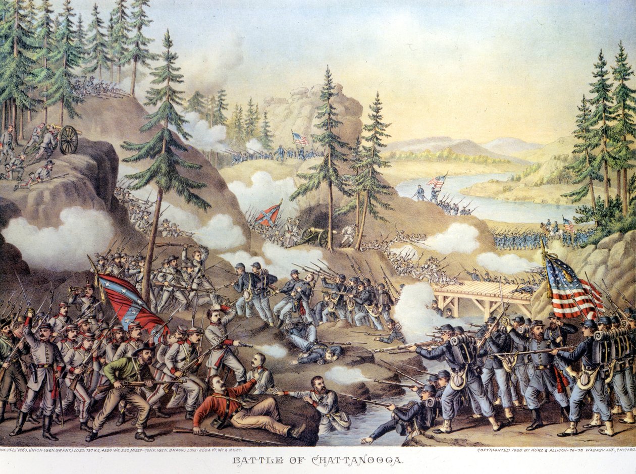 Secession War (1861 - 1865) eller American Civil Giuerre: 24-25/11/1863: efter to dages kamp ved Chattanooga, Tennessee, sejr for den nordlige hær under kommando af general Rosecrans. Gravering. af Unknown artist