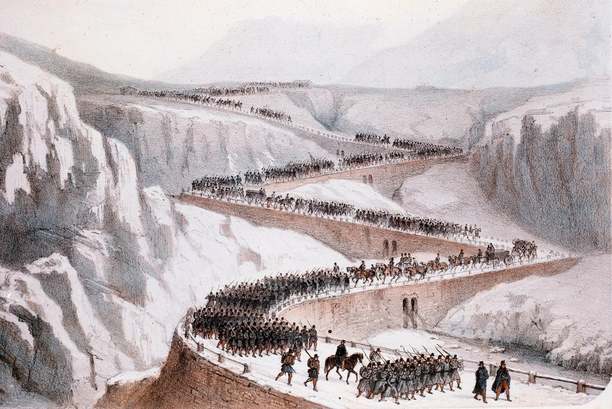 Anden italienske uafhængighedskrig: den franske hærs passage af Moncenisio den 29. april 1859 (Tryk) af Unknown artist