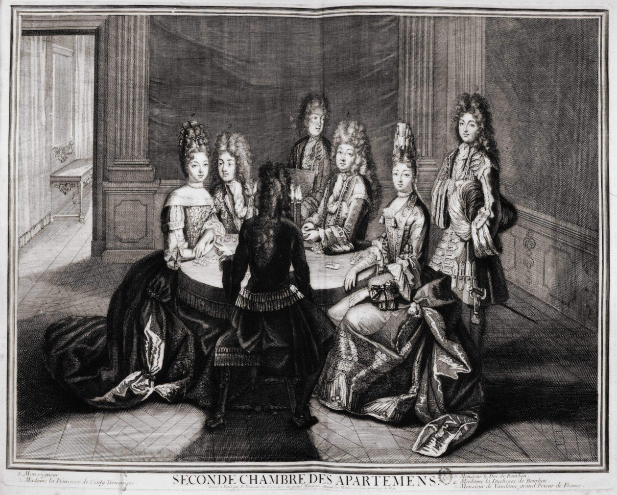 Andet værelse i lejlighederne (Versailles): 1. Monsignor, 2. Madame Princess of Conty Enke, 3. Monsieur le Duke de Bourbon, 4. Madame hertuginden af Bourbon, 5. Monsieur de Vandôme, Frankrigs storprior. Indgravering af Trouvain, begyndelsen af det 18. århu af Unknown artist