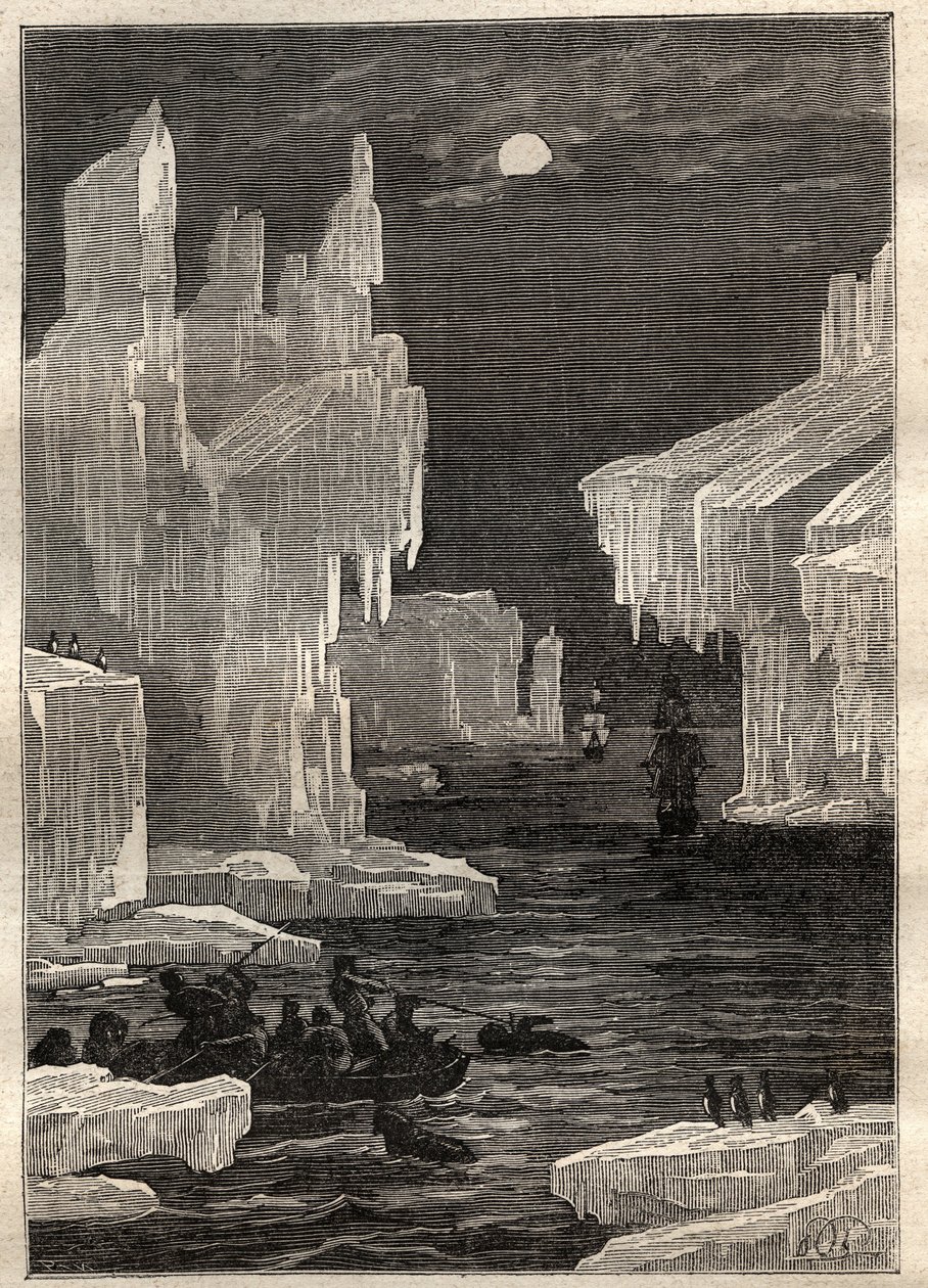 Anden rejse (1772-1775) af kaptajn James Cook (1728-1779): is-øerne (isbjerg), krydsninger på stien til omskæringskapen (Bouvet Island, Antarktis) - illustration taget fra "The Great Mariners of the 1700-tallet"" af Unknown artist