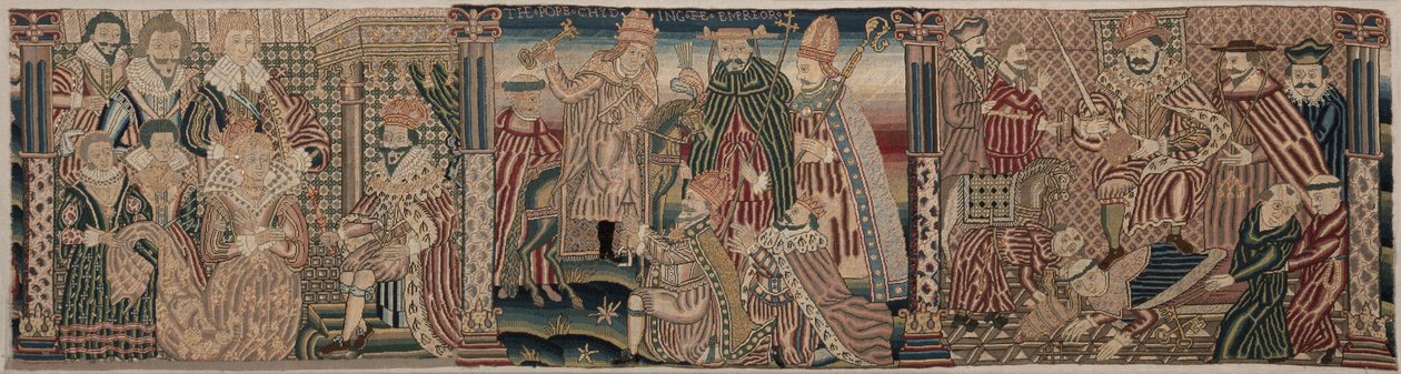 Udsnit af en broderet frise: Ahasverus og Esther, Paven, der ræder kejseren, Henrik VIII, der træder pavens hals af Unknown artist