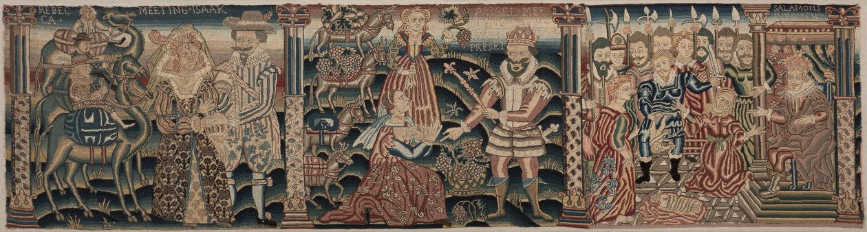 Udsnit af en broderet frise: Rebecca møder Isak, Abigail møder David med en gave, Salomons dom af Unknown artist