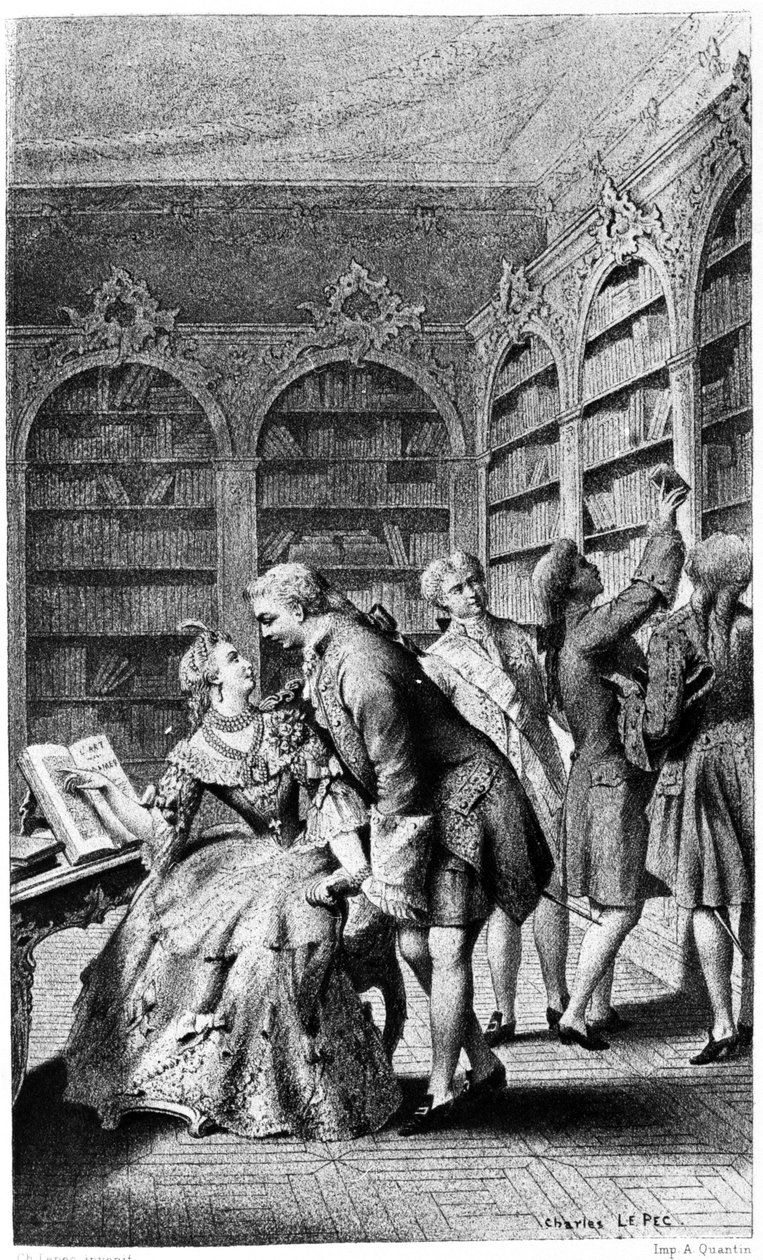 Forførelsesscene i et bibliotek i det 18. århundrede. af Unknown artist