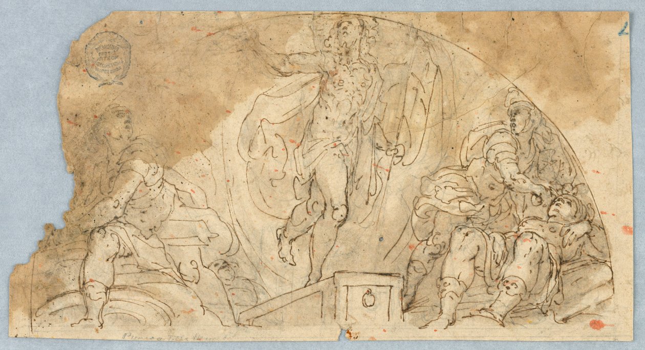 Halvcirkulær figurscene med central figur muligvis stigende af Unknown artist