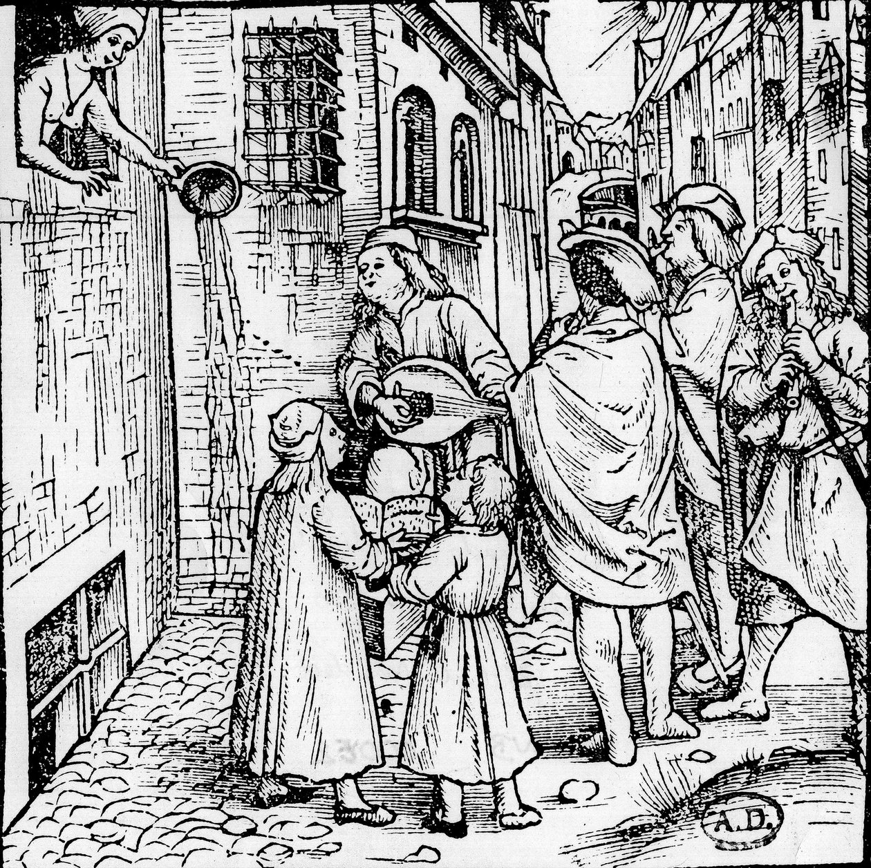 Studenter-serenade (musikere), Basel, ca. 1500 - gravering, Bibl. af Unknown artist