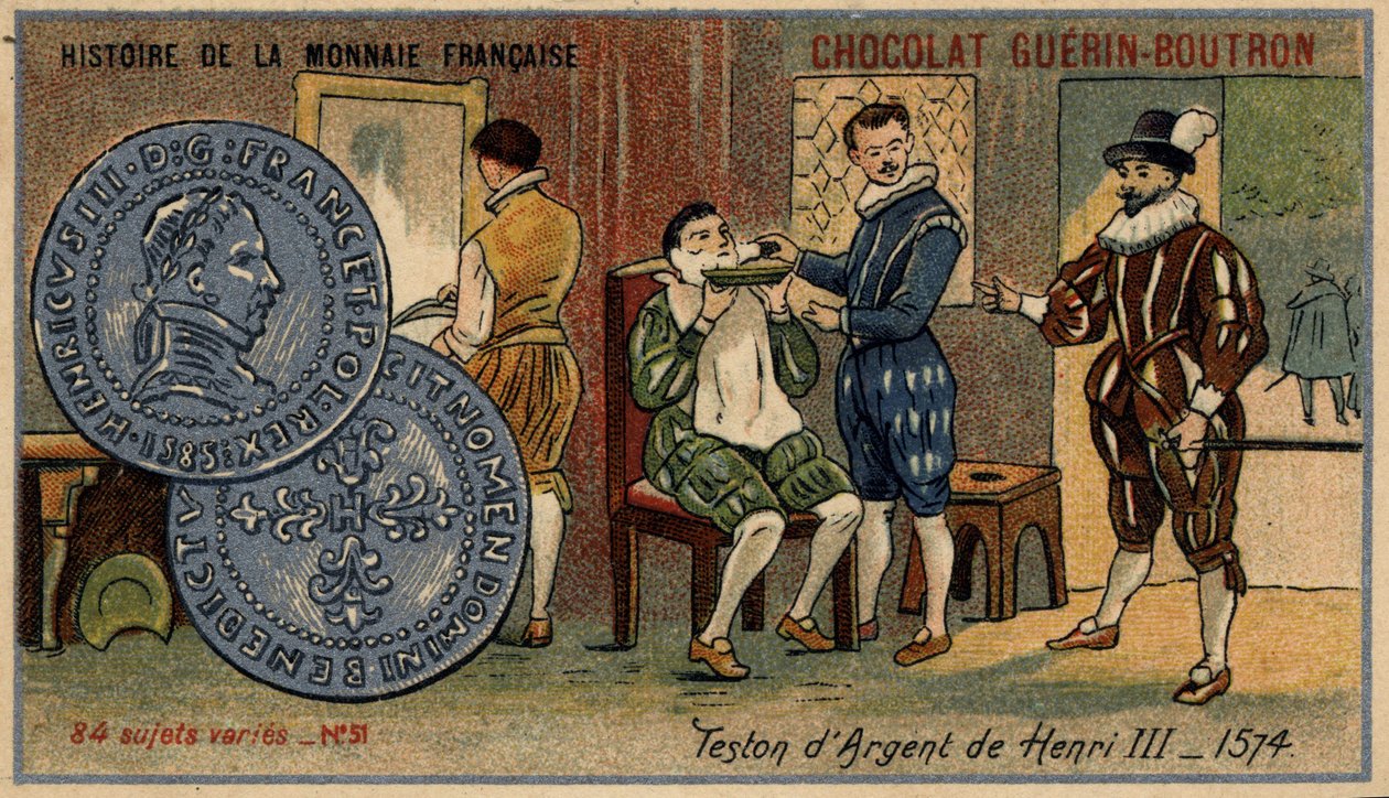 Serien History of the French Currency udgivet af Chocolat Guérin Boutron. 1800-tallets kromolitografi. Sølvteston af Henry III. 1574 af Unknown artist