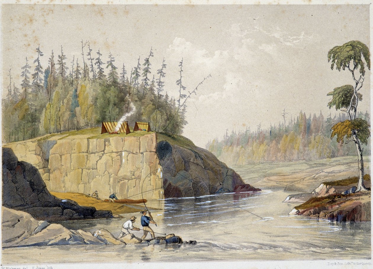 Nybyggere i Canada, der fisker i en flod - i "" Sketches on the nipisaguit a river of New Brunswick in America"" af William Hickman, red. Halifax af Unknown artist