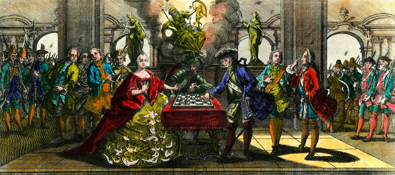 Syvårskrigen: allegori, der repræsenterer Marie Therese af Østrig (1717-1780) og Frederik af Preussen (1712-1786), der spiller skak. Indgravering af privatsamlingen fra det 18. århundrede af Unknown artist