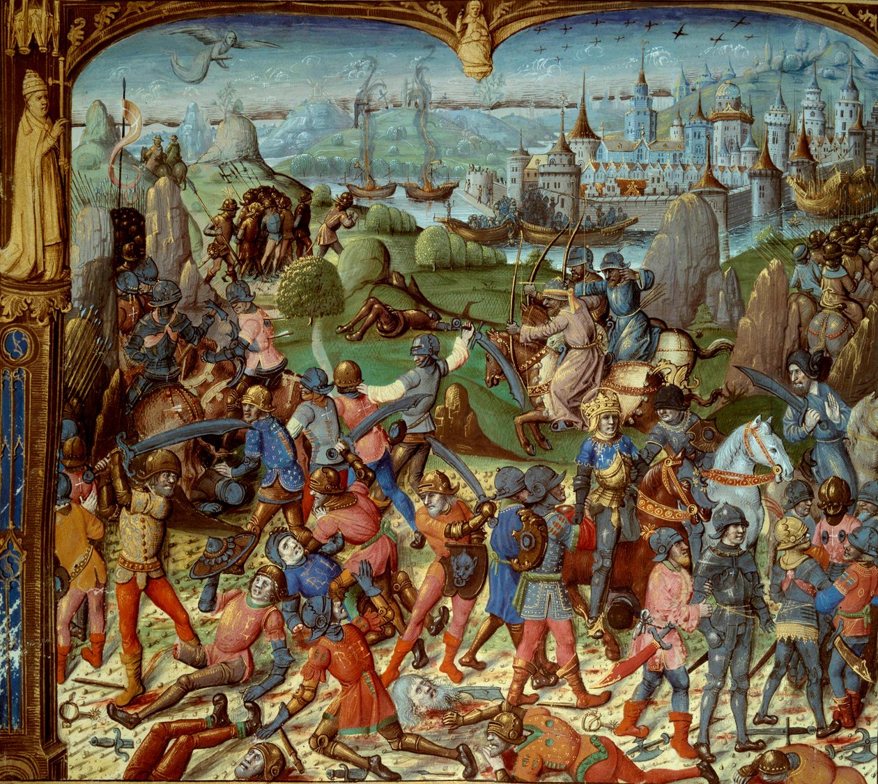 Syvende korstog (1248-1254). Ludvig IX (Saint Louis) (1215-1270), konge af Frankrig, med overgangene efter at være blevet besejret af saracenerne ved Mansourah i 1250. De trak sig tilbage bag Damaskus tårne. Ludvig IX og hans to brødre bliver taget til fan af Unknown artist