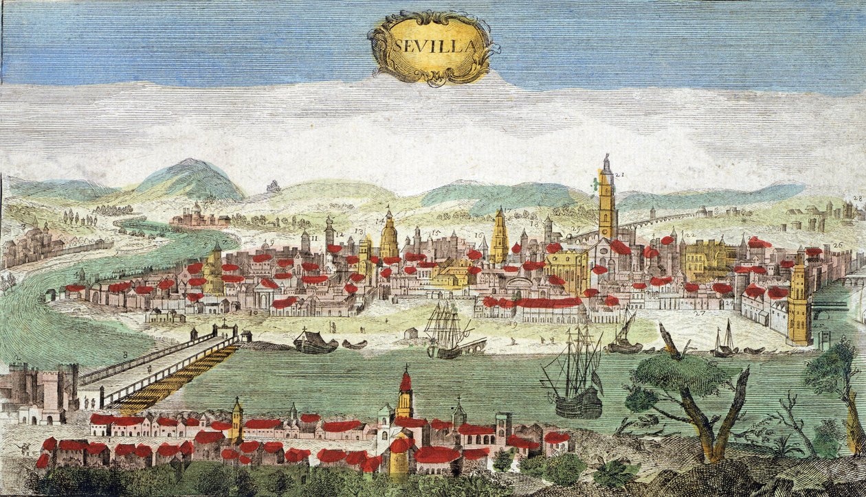 Sevilla - Udsigt over Sevilla - Spanien 1700-tallet - af Unknown artist