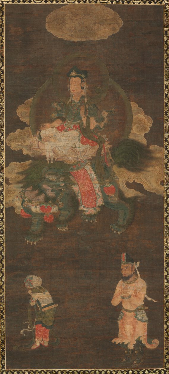 Shakyamuni Triad: Buddha overværet af Manjushri og Samantabhadra (Bodhisattva med løve) af Unknown artist