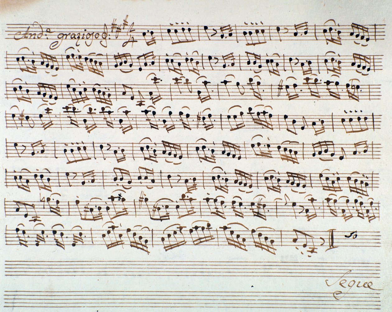 Nodeside for den første violin i åbningen af Mithridate, King of the Pont, opera af Mozart (1770) af Unknown artist