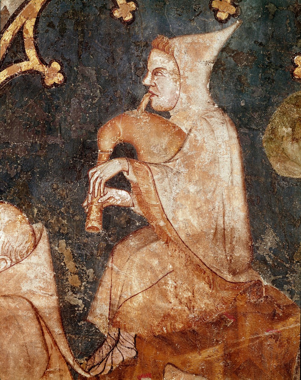 Hyrde blæser i en sækkepibe Detalje. Fresko fra det 14. århundrede. Fra Olite (Navarre) Museum of Navarre, Pamplona af Unknown artist