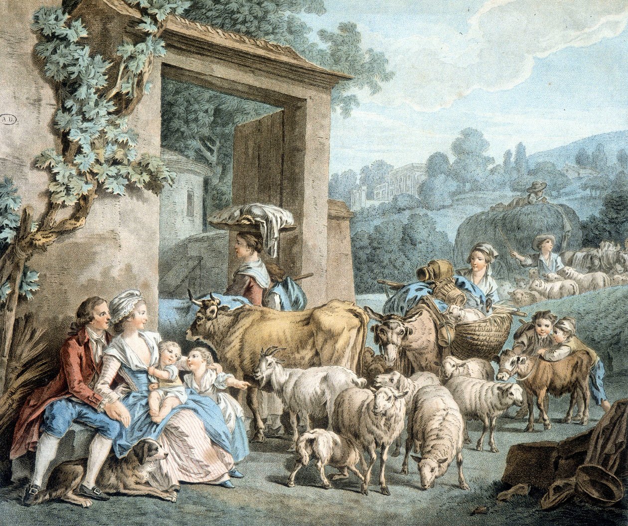 Hyrder og får flokkes foran en gård. af Unknown artist