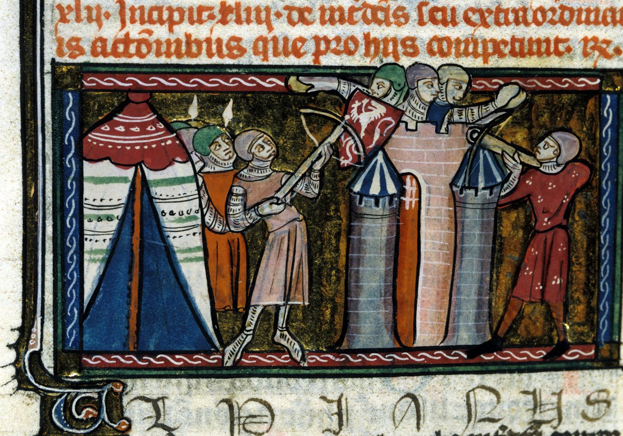 Belejring af et slot. Miniature fra et manuskript fra 1200-tallet. Milano, Biblioteca Trivulziana. af Unknown artist