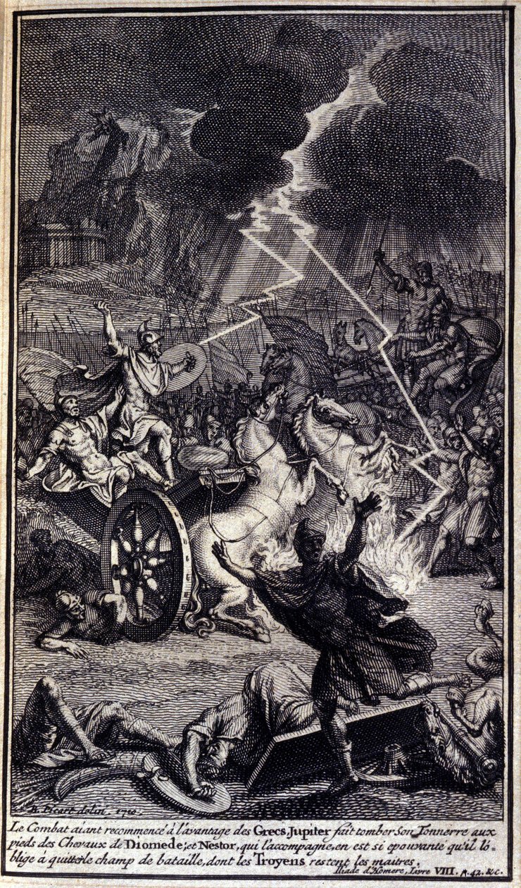 Da kampen var begyndt igen havde grækernes fordel, faldt Jupiter sin torden for fødderne af Diomedes heste; og Nestor, som fulgte ham, var så skræmmende, at han tvang ham til at forlade slagmarken, hvoraf trojanerne var tilbage. af Unknown artist