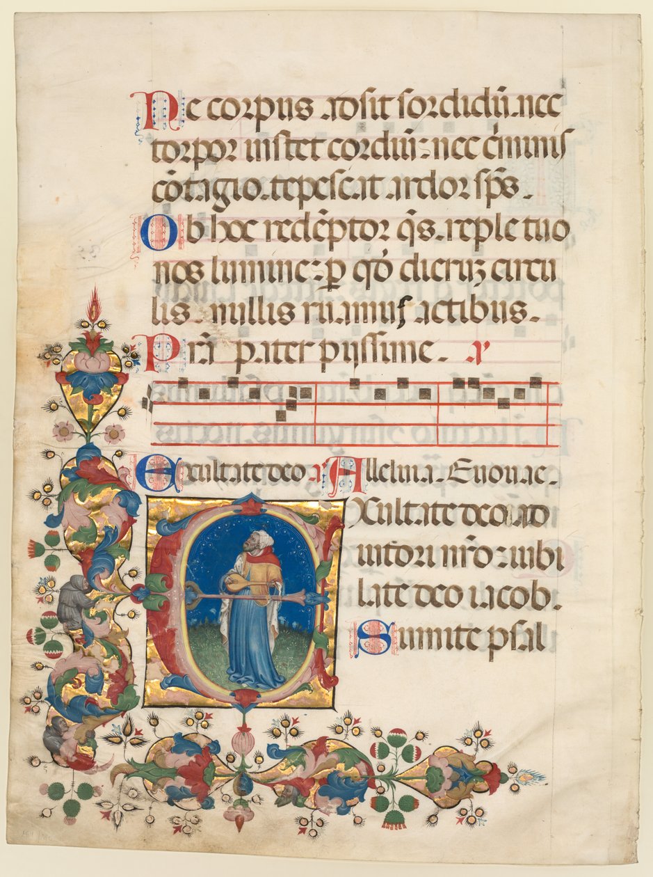 Single Leaf excised from a Choir Psalter: Initial E[xultate Deo] with King David Playing the Lute (Salme 80) af Unknown artist