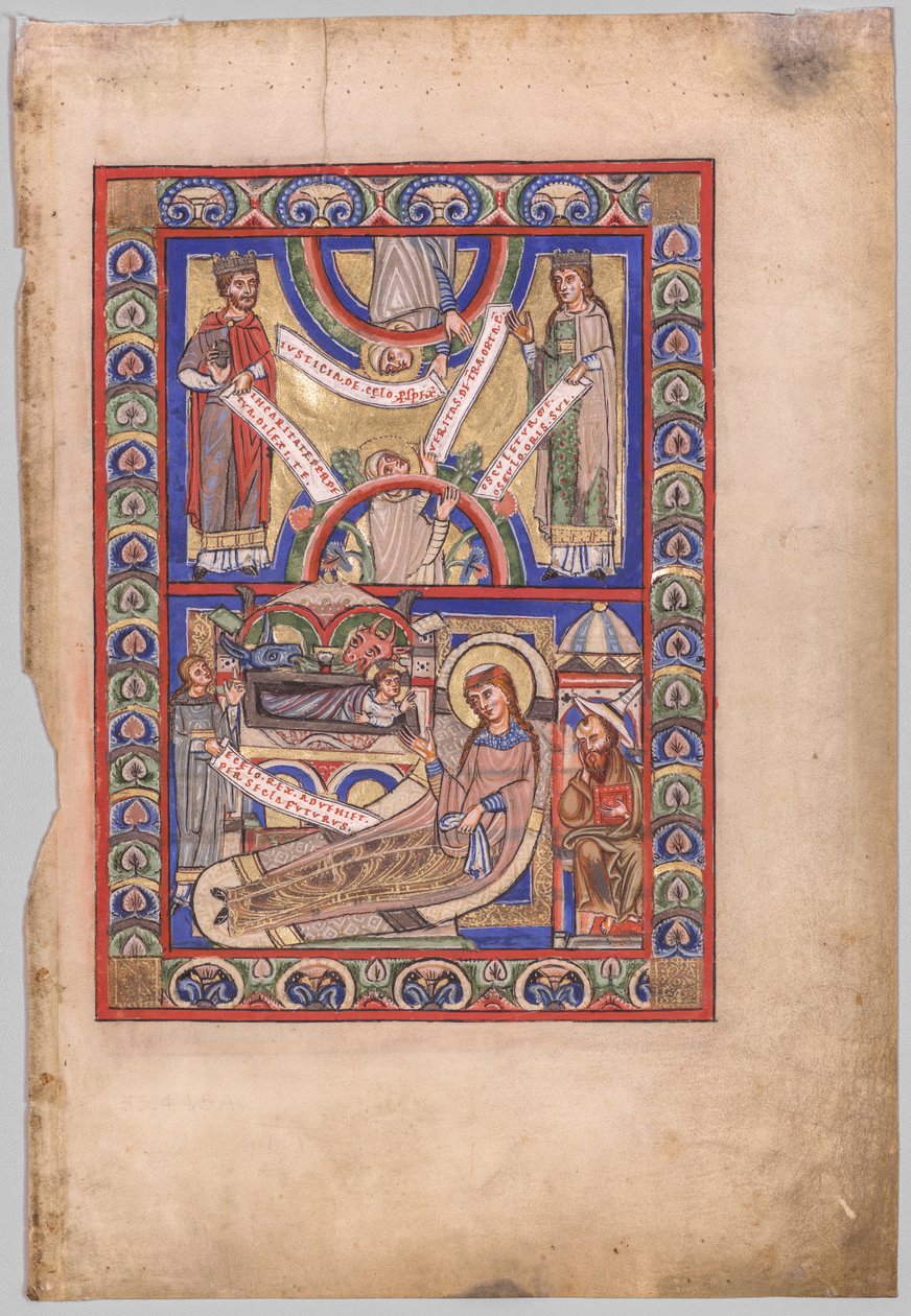 Enkelt blad udskåret fra en evangelisk bog: Fødselen (recto) af Unknown artist