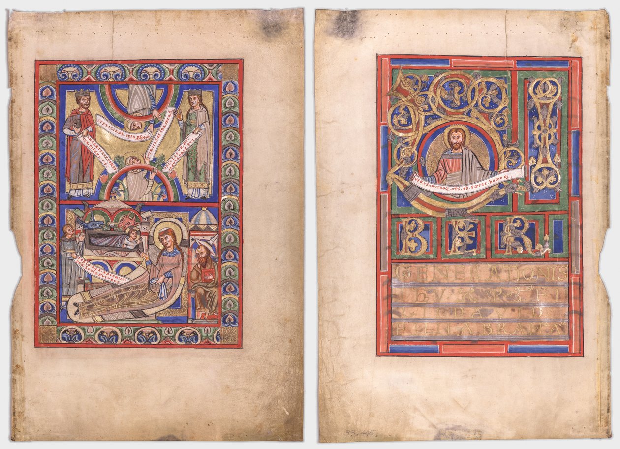 Enkelt blad udskåret fra en evangelisk bog: Fødselen (recto) og St. Matthæus (verso) af Unknown artist