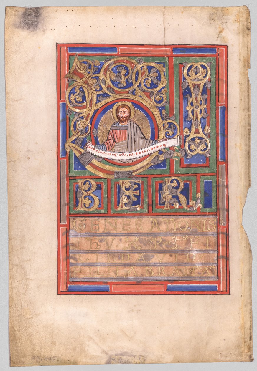 Enkelt blad udskåret fra en evangelisk bog med indledende L[iber generationis]: St. Matthæus (verso) af Unknown artist