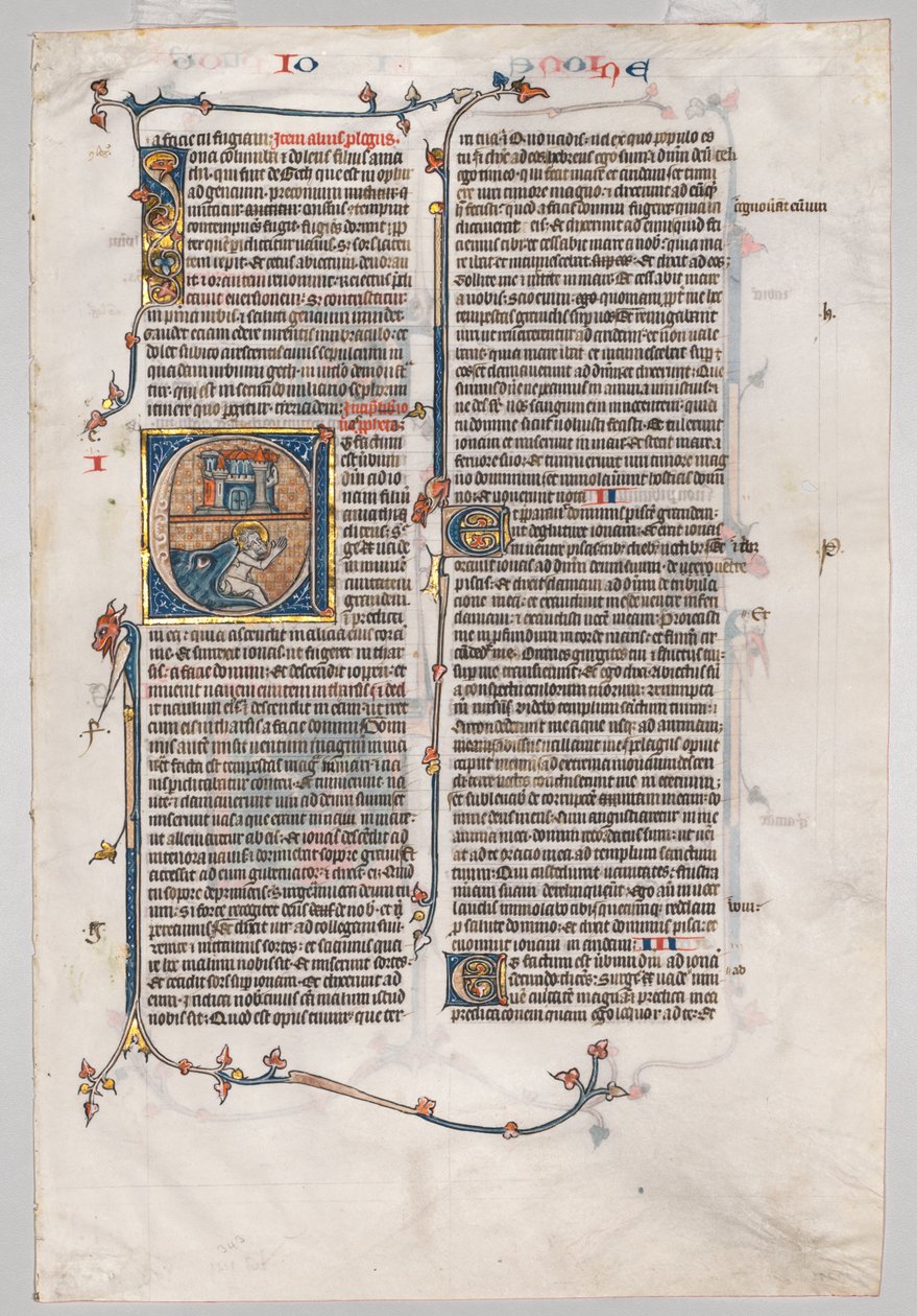 Single Leaf from a Bible: Initial E[t factum est] med Jonah Swallowed by the Whale af Unknown artist