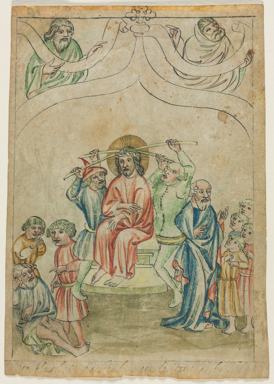 Enkelt blad fra en Biblia Pauperum: Kristus kronet med torne (recto) af Unknown artist