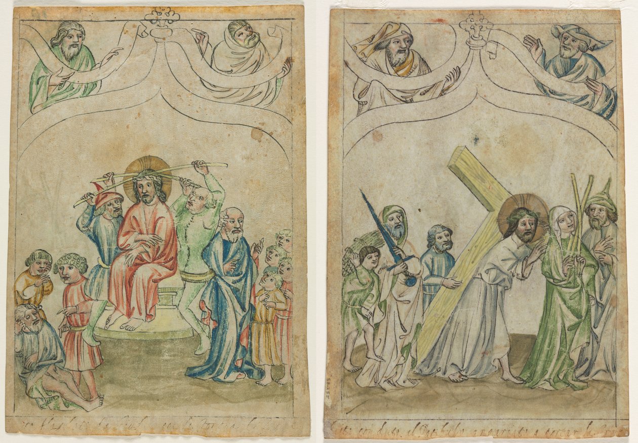 Enkelt blad fra en "Biblia Pauperum": Kristus kronet med torne (recto) Kristus bærer korset (verso) af Unknown artist