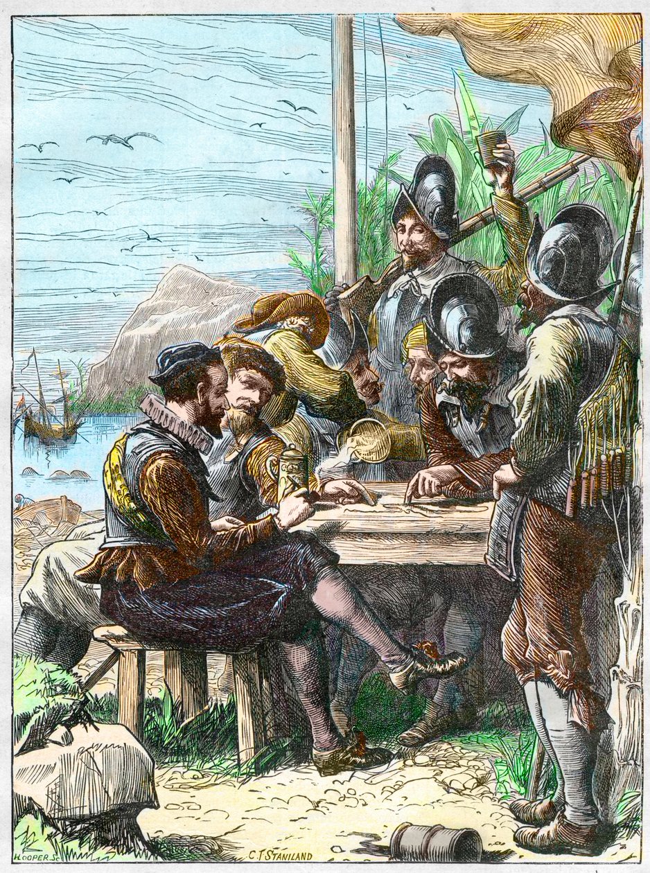 Sir Walter Raleigh i Trinidad, får information fra de spanske soldater om Guyana, 1595. - Ekspedition af Walter Raleigh af Unknown artist