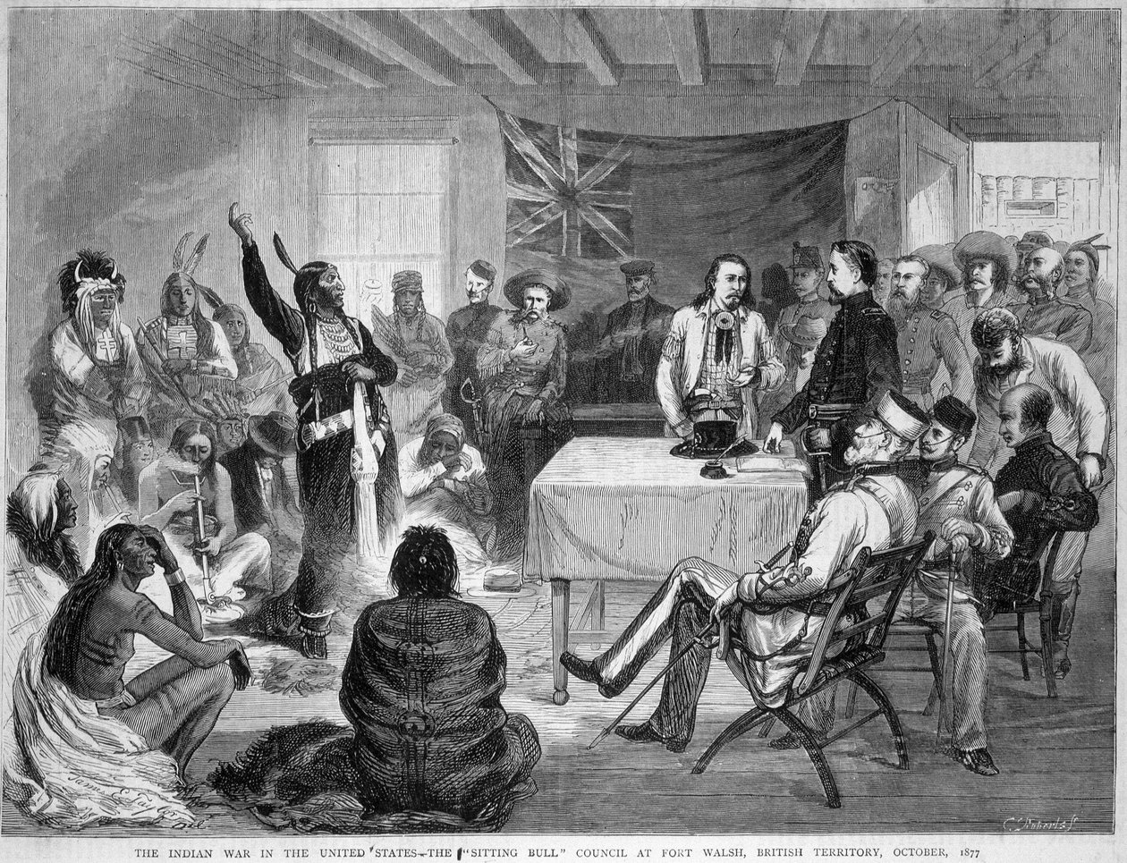 Sitting Bull and Buffalo Bill: Sitting Bull Council i Fort Walsh, British Territory, under krigen med indianerne, oktober 1877 af Unknown artist