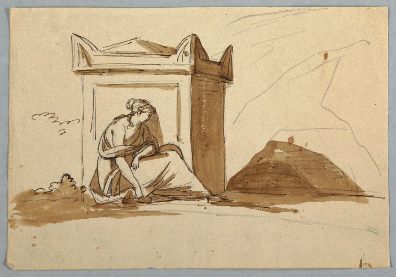Skitse: En kvinde siddende foran en antik sarkofag af Unknown artist
