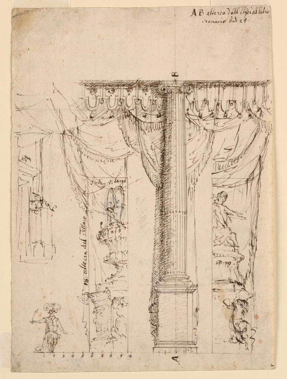 Skitse til tre sidevinger med en del af Proscenium-ramme af Unknown artist