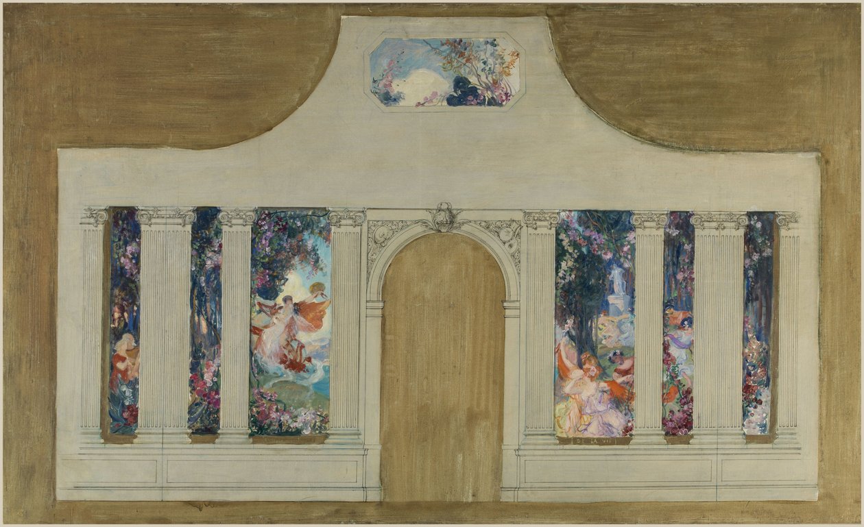 Skitse til et sæt: Farandole af unge kvinder med blomster af Unknown artist