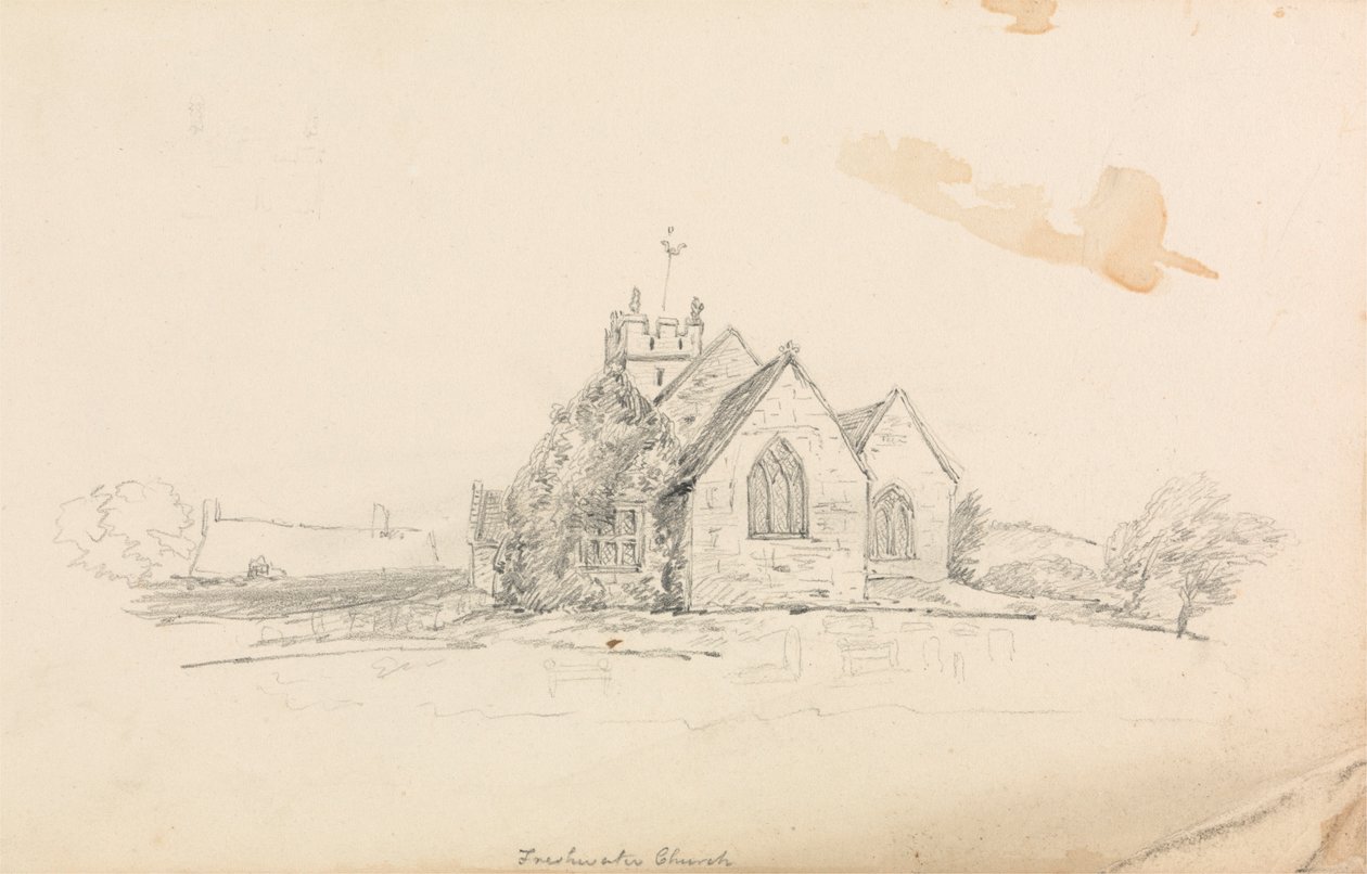 Skitse af en lille landkirke; skitse af et skib af Unknown artist