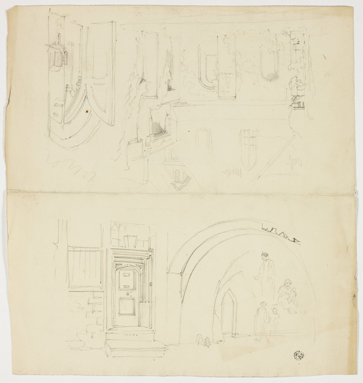Skitser af døråbning, figurer, bygning med sideindgang til kirke (recto); skitse af spir (verso) af Unknown artist